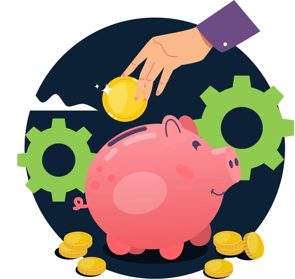 Hand putting coins in piggy bank with cogs in the background, symbolizing utility savings for commercial businesses, financial efficiency, and investment.