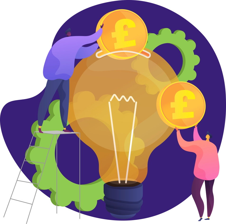 Illustration of people climbing ladders to put coins into a lightbulb, with cogs in the background, representing innovation, investment, and teamwork