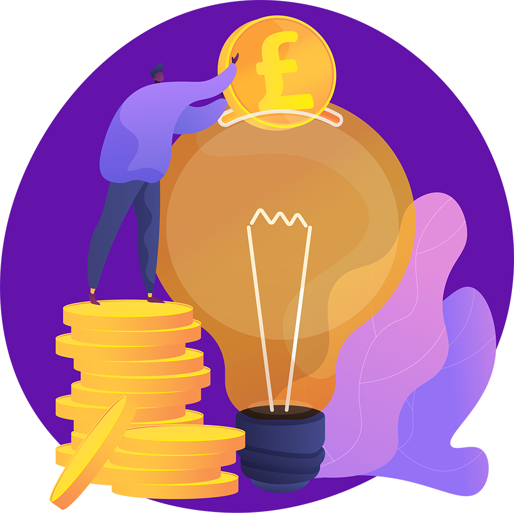 Illustration of a person on a stack of coins putting money into a lightbulb, symbolizing savings on utilities and efficient energy usage
