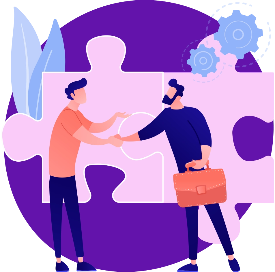 Illustration of two businessmen shaking hands, with two puzzle pieces in the background, symbolizing partnership and collaboration in business.
