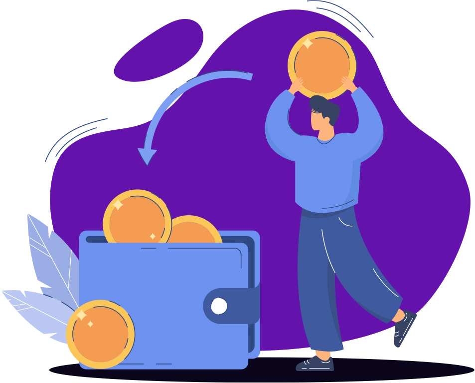 Illustration of a man putting coins into a wallet, demonstrating financial savings and budgeting.
